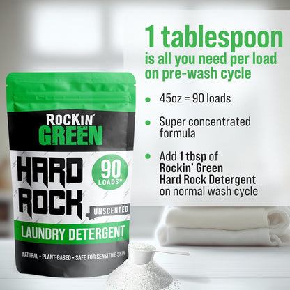 Rockin' Green Hard Rock Laundry Detergent for Hard Water (90 Loads), Plant based, Natural Laundry