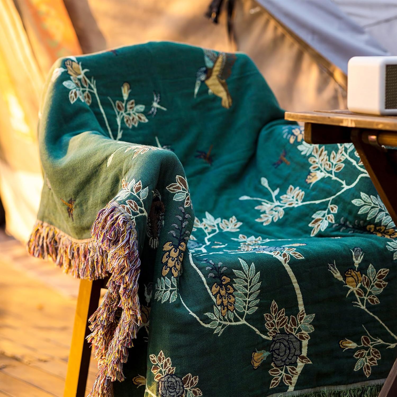 Snycler Boho Throw Blanket for Bed - 100% Cotton Ultra Soft Rustic Quilt Green Hummingbird Printed