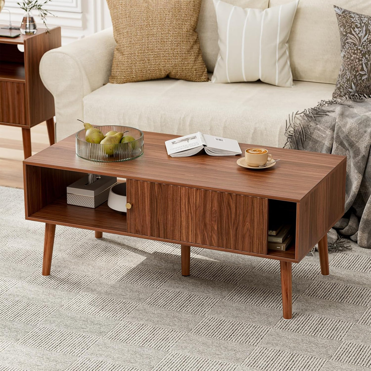 Coffee Table with Storage, Mid Century Dining Table with Sliding Fluted Door and Solid Wood Legs