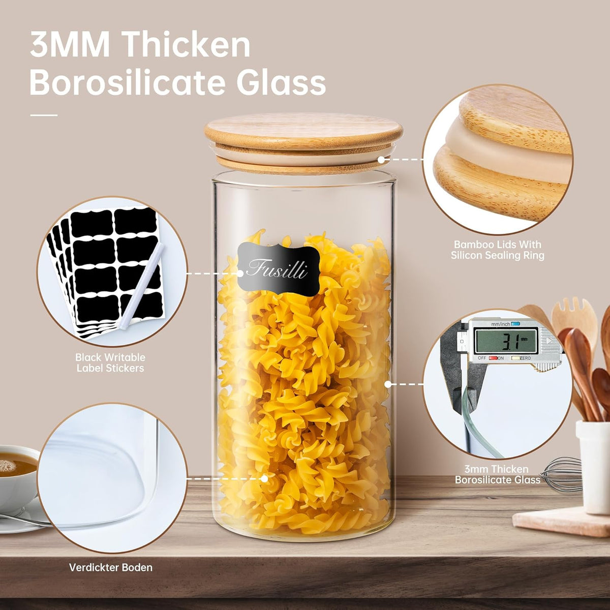 45oz - 3 Pack Glass Jars with Bamboo Lids, Glass Pantry Storage Containers with Airtight Lids