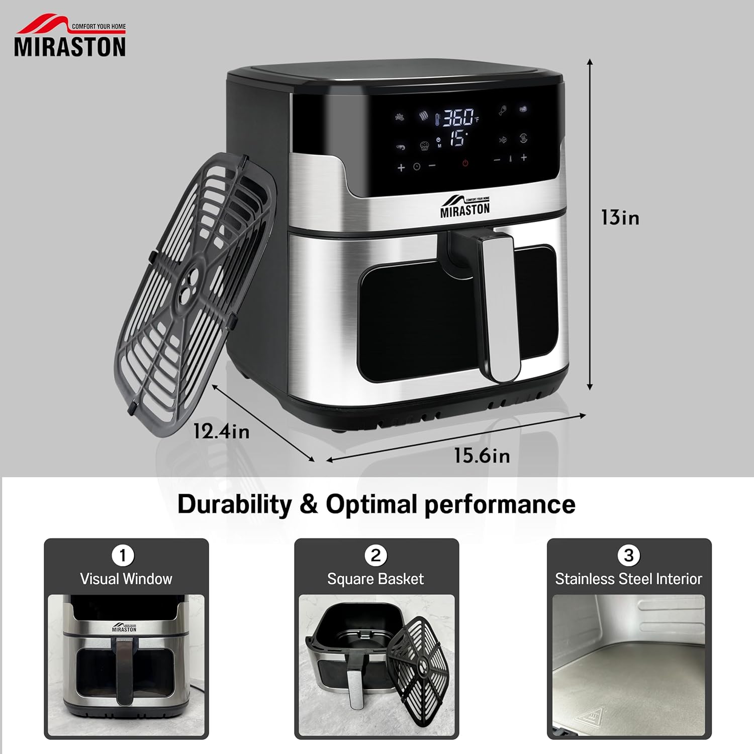 8.5QT Air Fryer, Family Size Digital Air Fryers, Nonstick Square Basket, Smart Touchscreen with