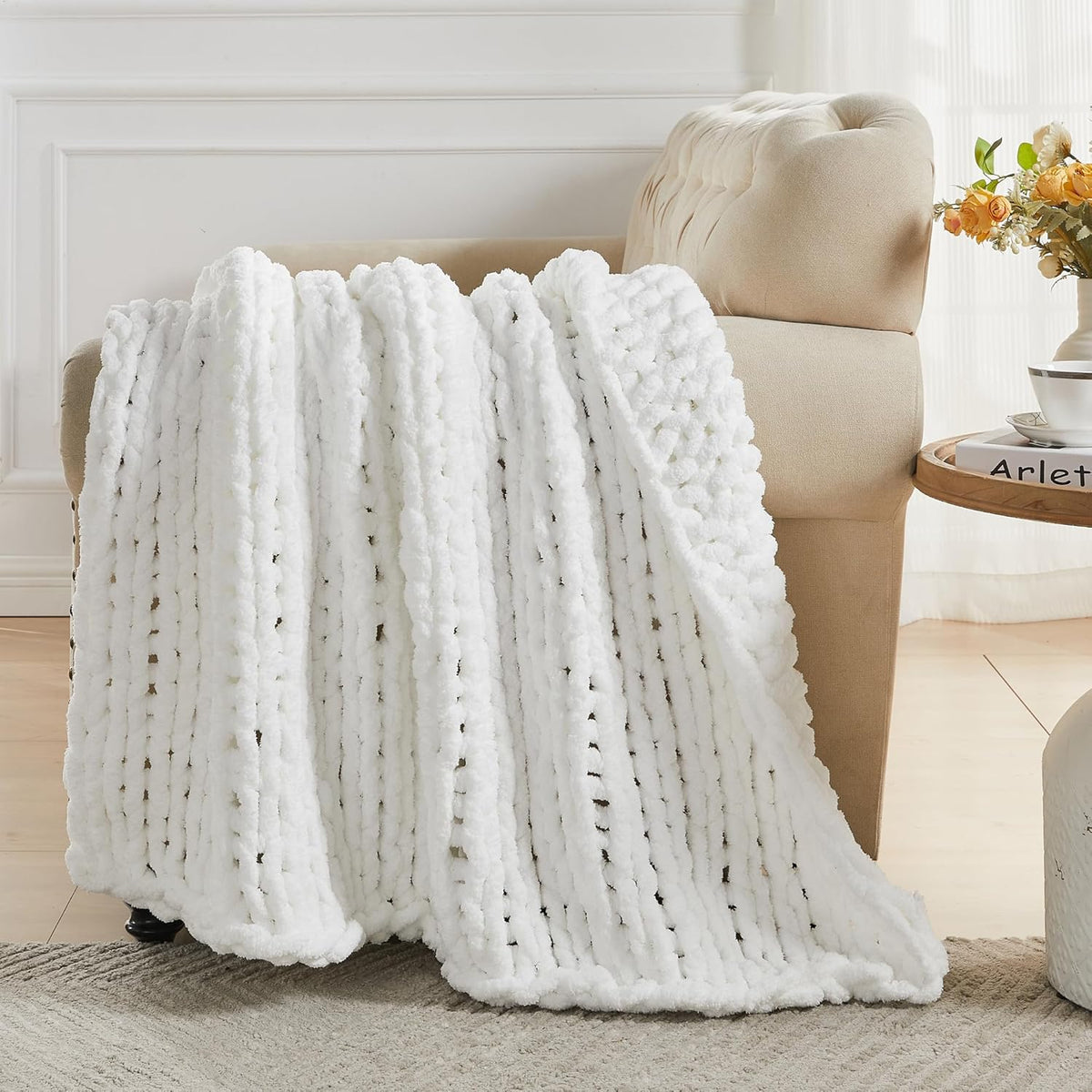 Carriediosa Chunky Knit Throw Blanket 60" X 80" Twin, 100% Hand Made Large Chenille Loop Yarn Soft