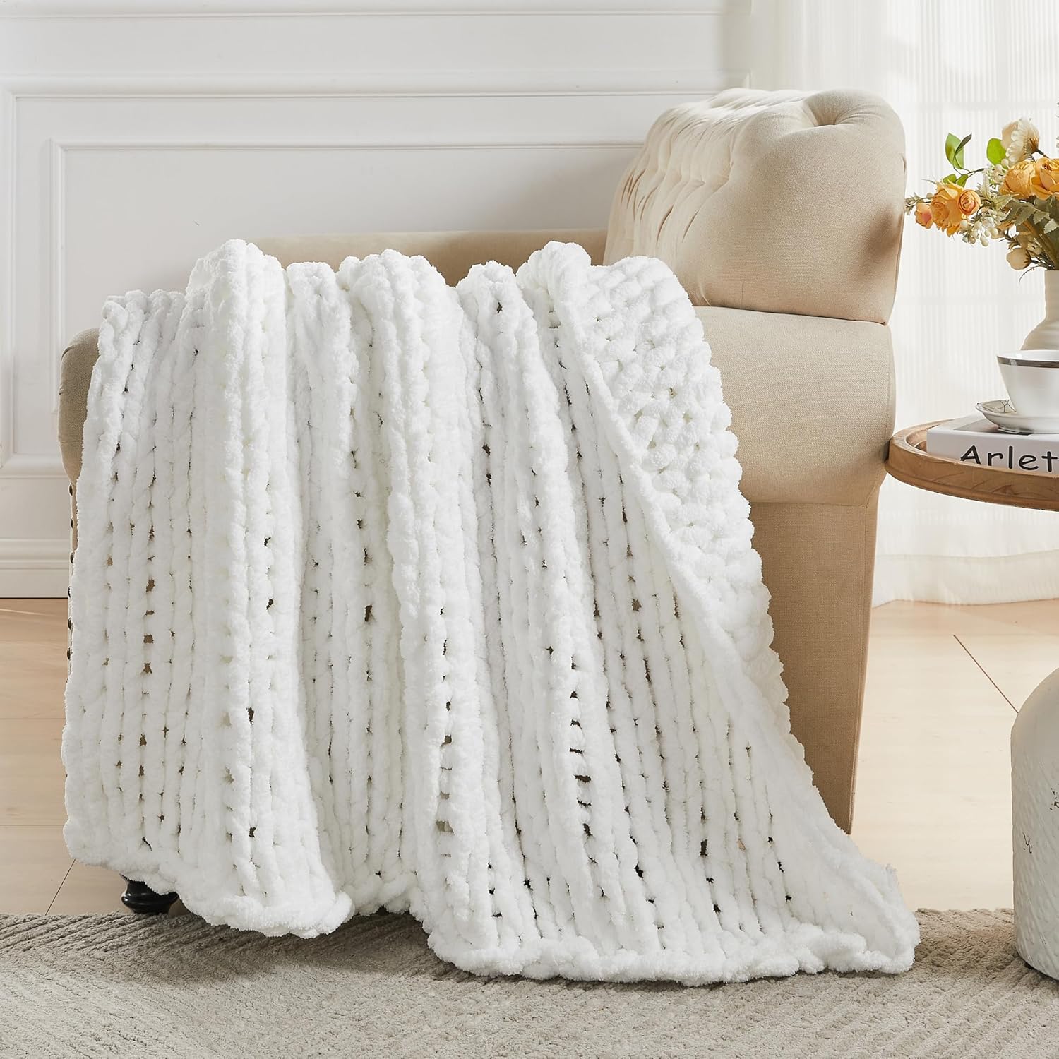 Carriediosa Chunky Knit Throw Blanket 50" X 60", 100% Hand Made Large Chenille Loop Yarn Soft