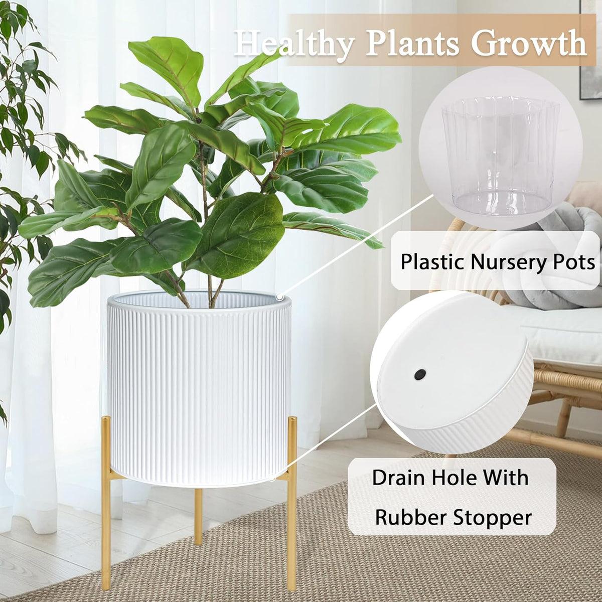 ARNIS Modern Plant Pots, Set of 2 Round Large Planters with Stand, Large Size Metal Pots with
