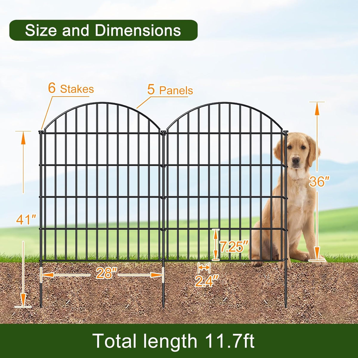 Metal Garden Fence 36in (H) x 11.7ft (L), 5 Panels +6 Stakes Dog Fence Border Fence Animal Barrier