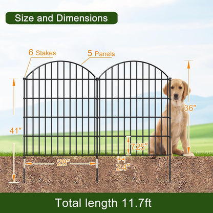 Metal Garden Fence 36in (H) x 11.7ft (L), 5 Panels +6 Stakes Dog Fence Border Fence Animal Barrier