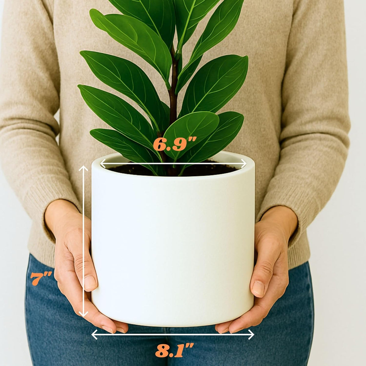 Fox & Fern 8 Inch Plant Pot with Drainage Plug — Premium Lightweight Fiberstone Matte White