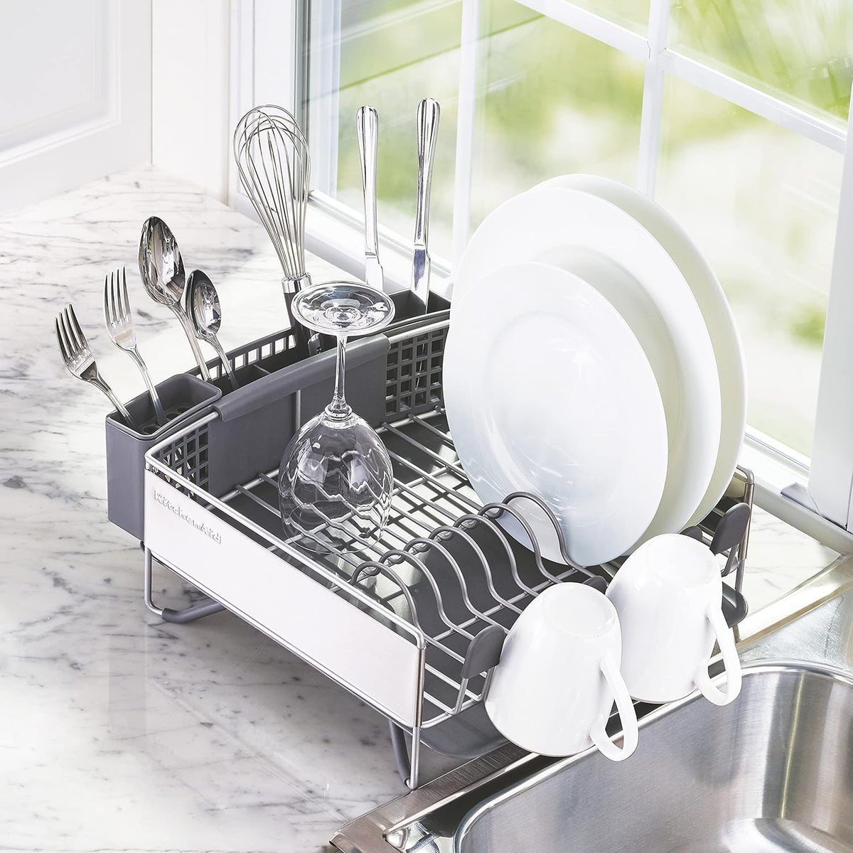 KitchenAid Compact Space Saving, Dish Rack with Removable Flatware Caddy and Angled Self Draining