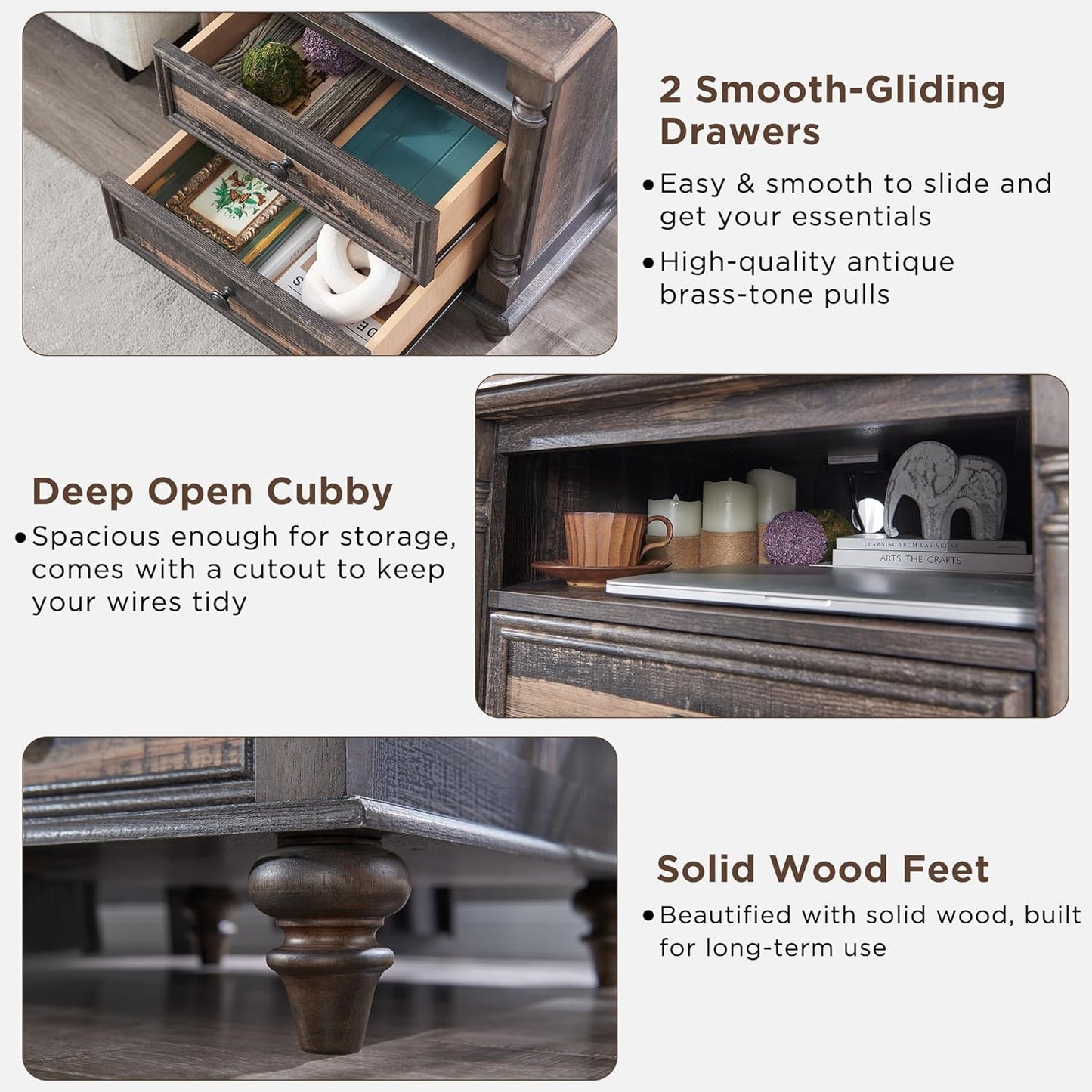 T4TREAM 24'' Farmhouse End Table w/4 Solid Wood Feet, Large 2 Drawers Wide Sofa Side Table with