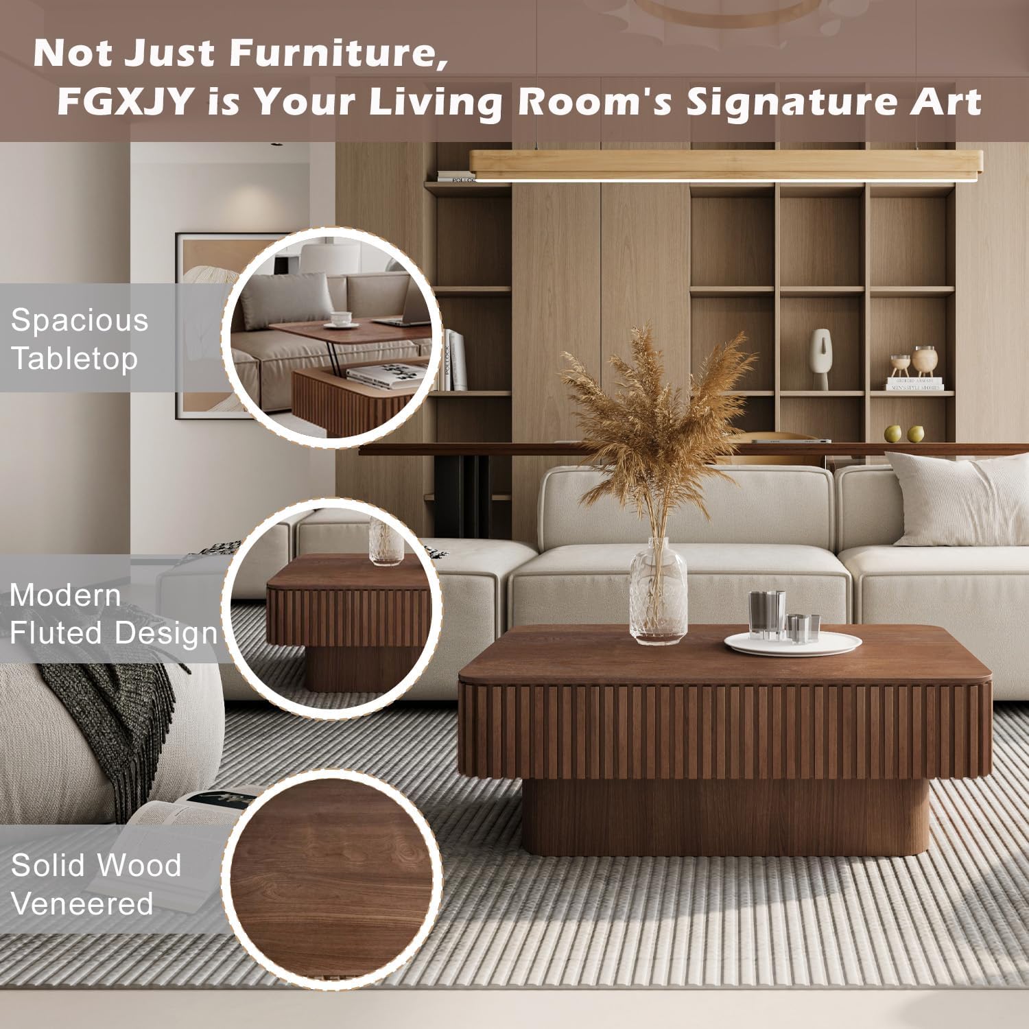 Lift Coffee Table with Storage & Adjustable Height, Solid Wood Coffee Table Fluted Center Table