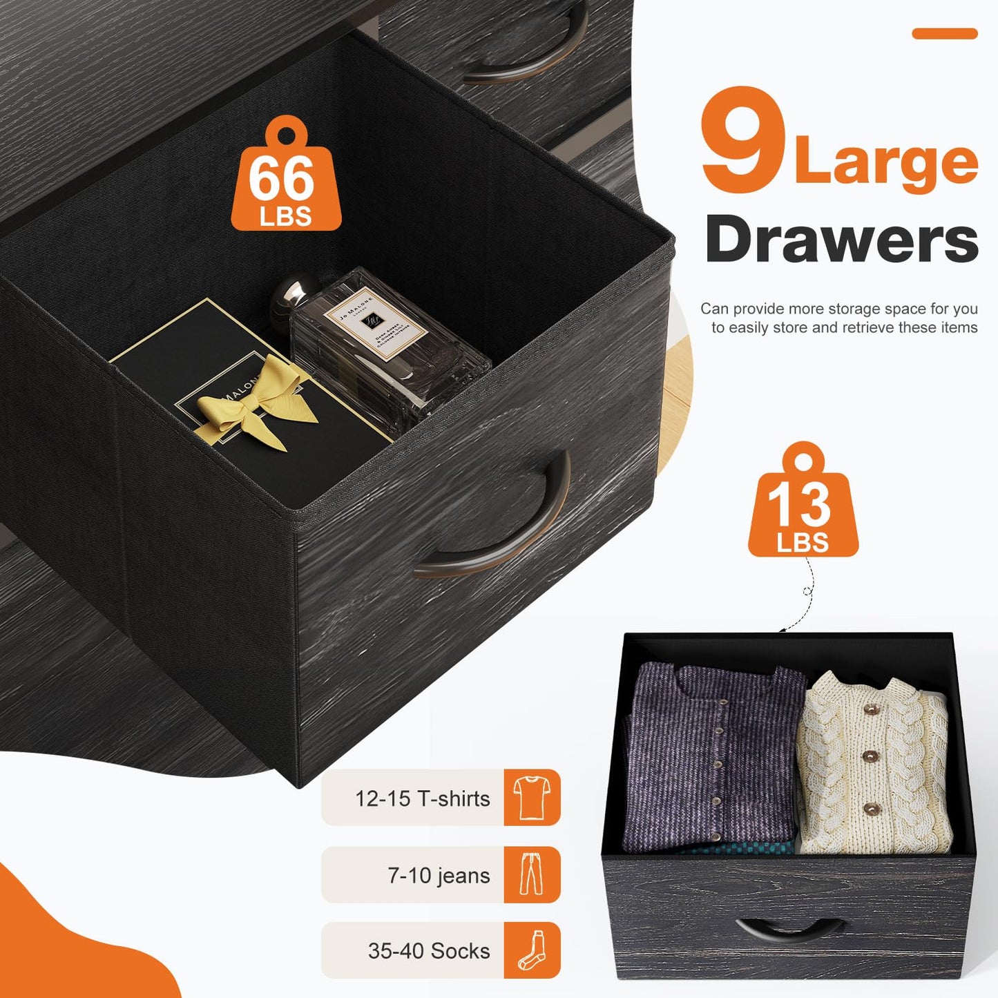 Sweetcrispy 9 Drawer Fabric Dresser Storage Tower Drawer Organizer