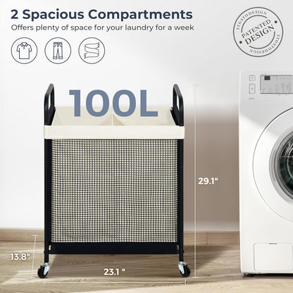 STO STO Laundry Hamper 2 Section, 100L Rolling Laundry Sorter Cart with Removable and Washable
