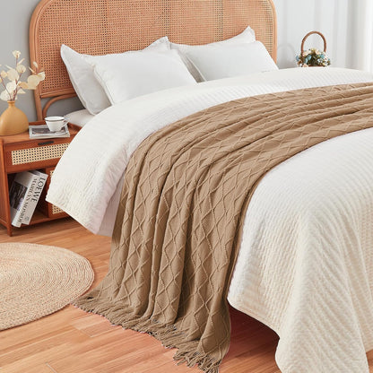 inhand Knitted Throw Blankets for Couch and Bed, Soft Cozy Knit Blanket with Tassel, Khaki
