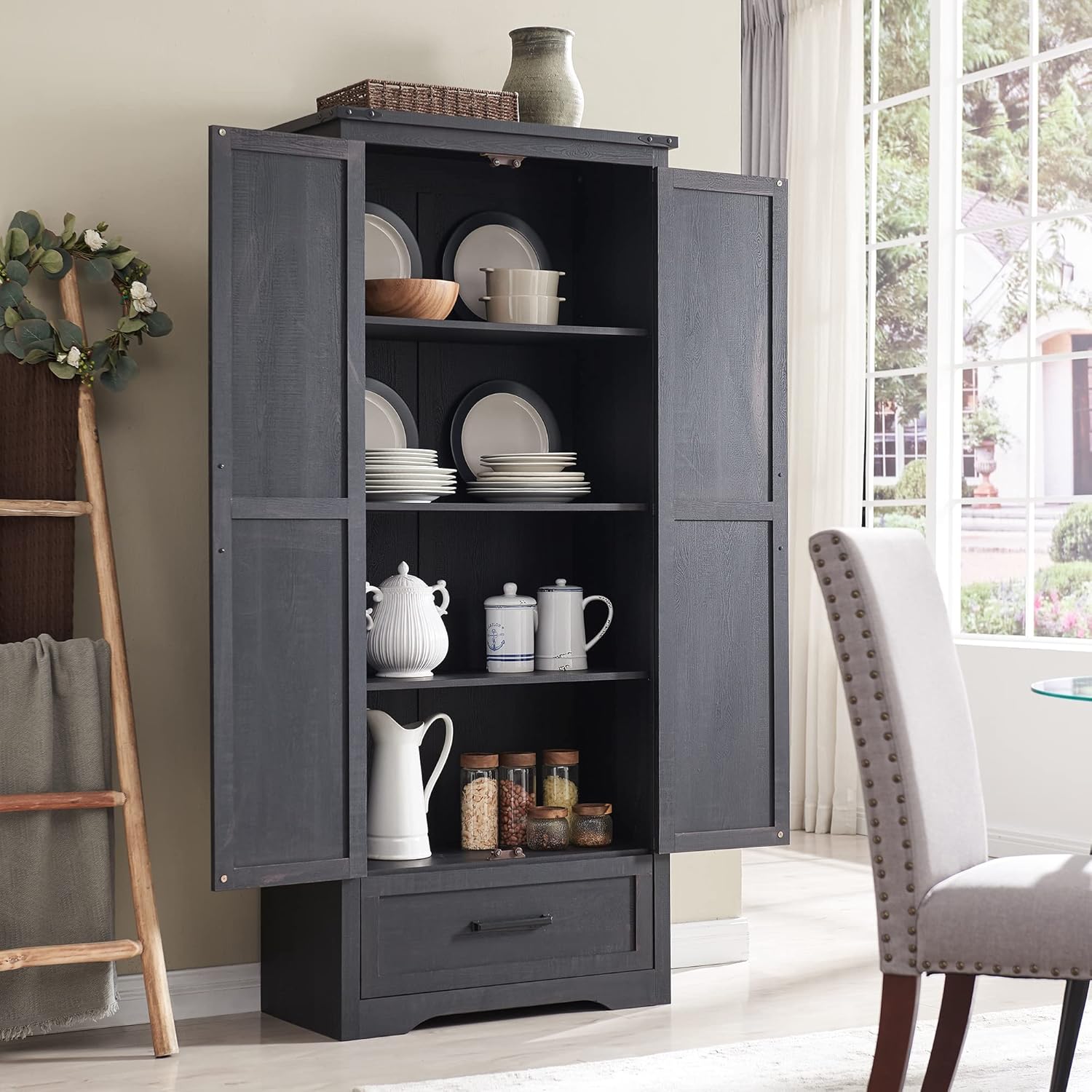 Farmhouse Kitchen Pantry Cabinet - 72" Tall Large Wood Kitchen Storage Cabinets with Adjustable