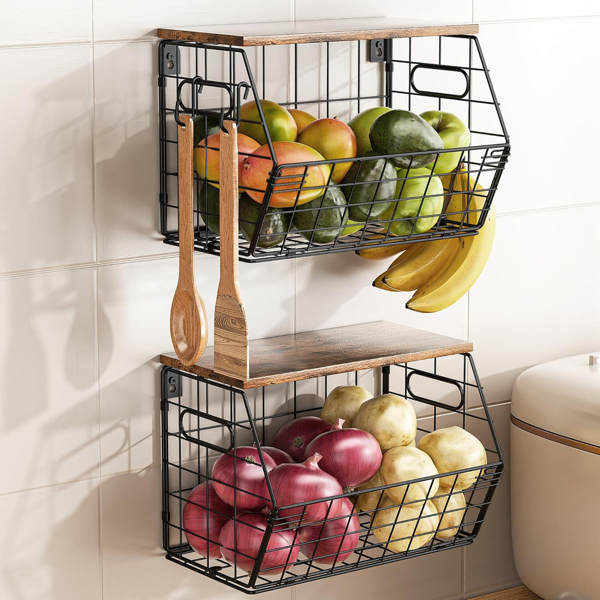Delamu 2-Pack Stackable Metal Fruit Basket with Wood Lid-Wall Mounted & Countertop Organizer for