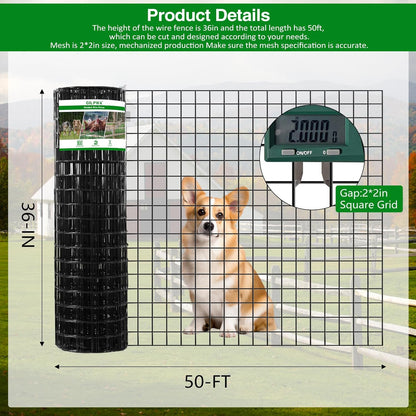 Wire Fence, 36 in(H) X 50 ft(L) PVC Coated Welded Wire Fencing 2" X 2" 16GA Garden Border Vinyl