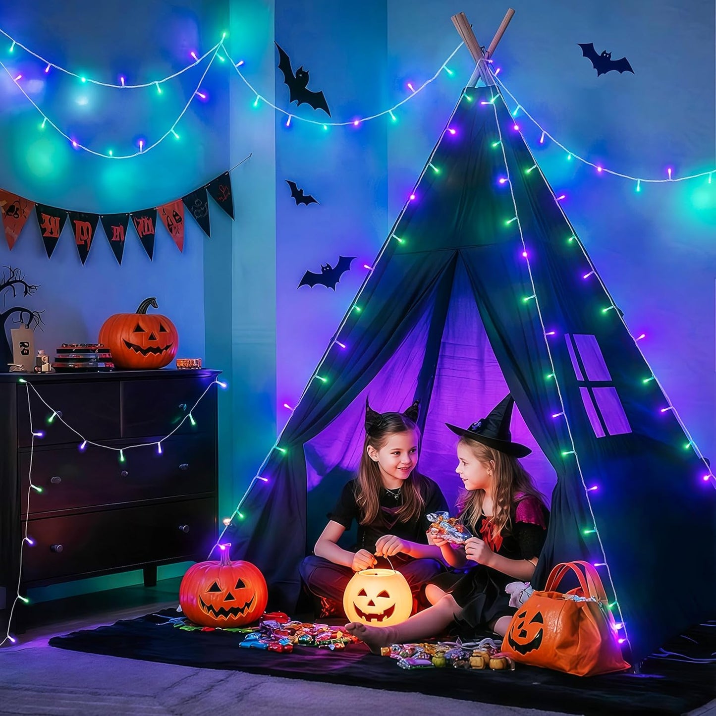 JMEXSUSS Connectable Purple and Green Halloween Lights Plug-in, 8 Modes 100 LED Twinkle String