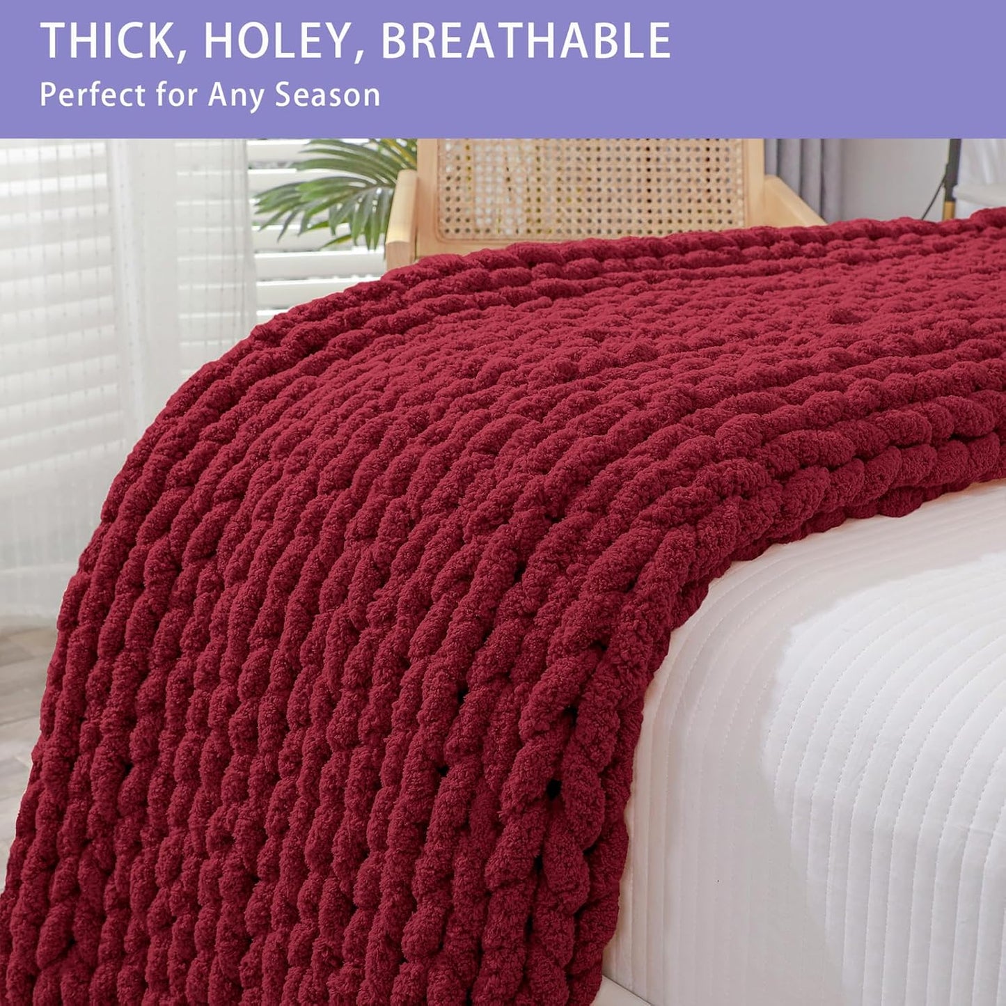 Bigacogo Chunky Knit Throw Blanket for Couch, 51x63 inches, 100% Hand Knitted with Thick Jumbo