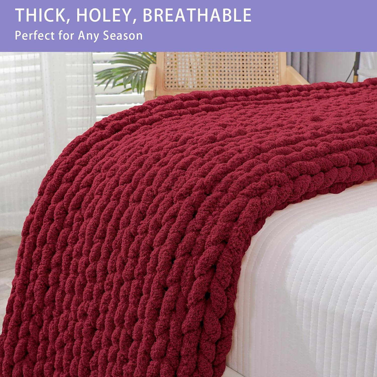 Bigacogo Chunky Knit Throw Blanket for Couch, 51x63 inches, 100% Hand Knitted with Thick Jumbo