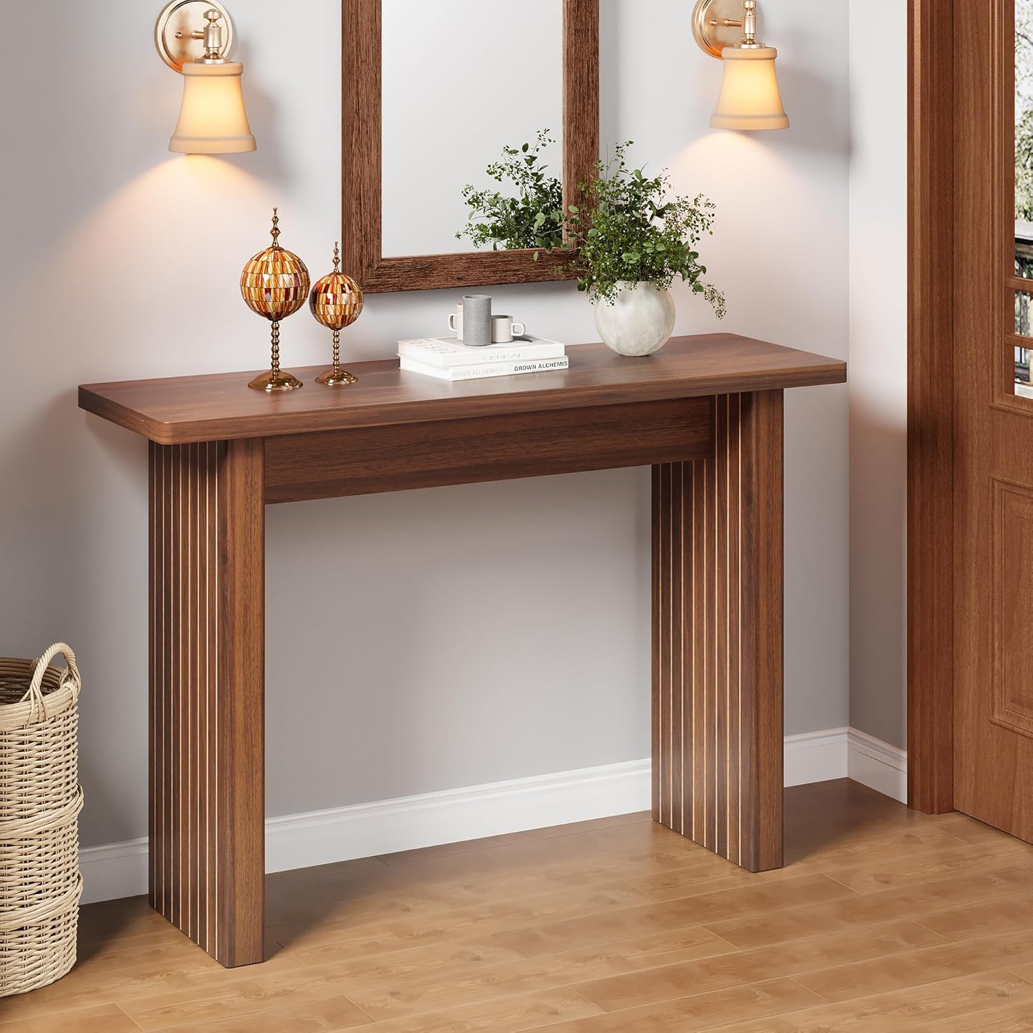 AVZEAR Mid Century Narrow Entryway Console Table, 43.3" Fluted Wood Couch Table Behind Sofa Long