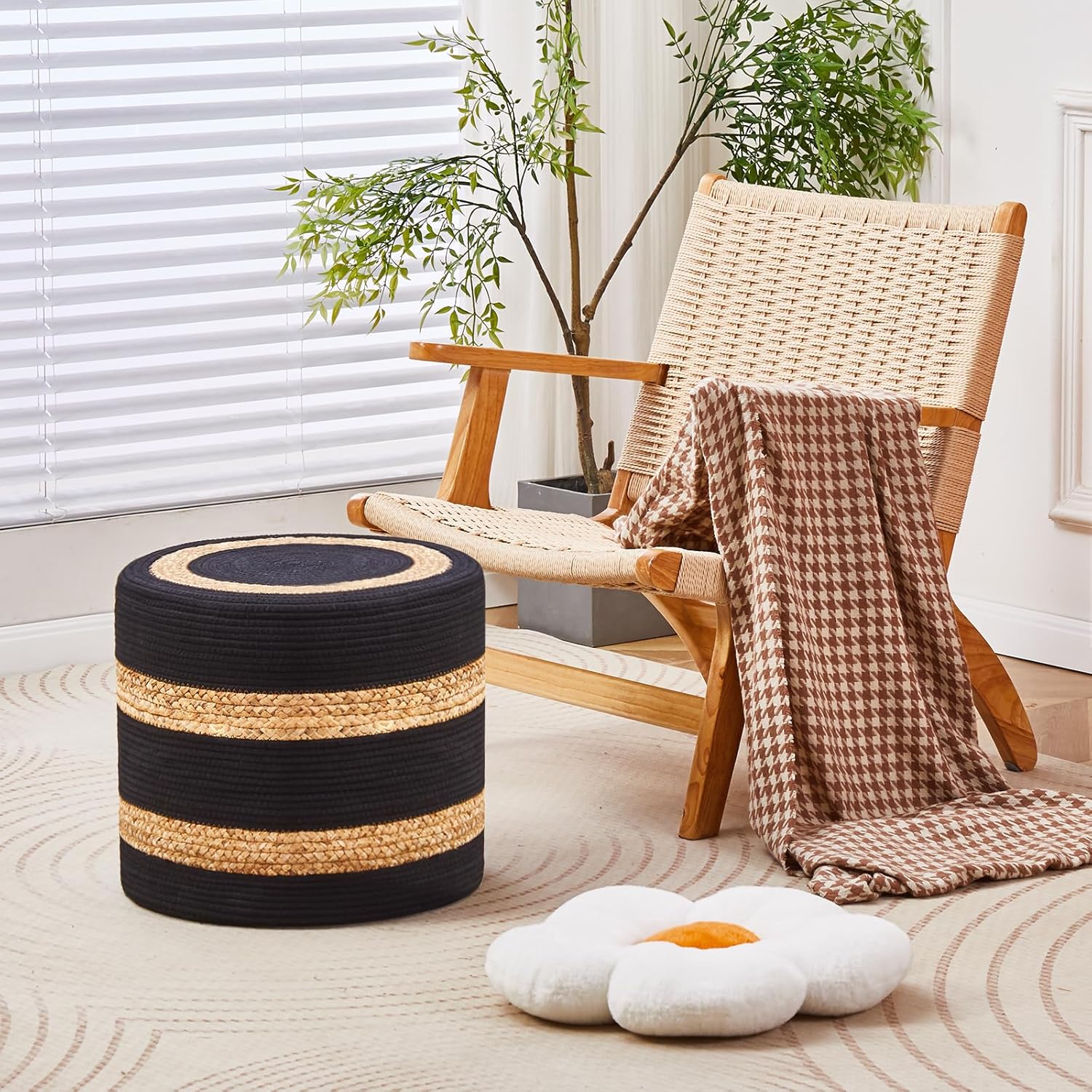 Wimarsbon 18'' Ottoman Pouf, Natural Braided Poof, Rustic Handweave Lounge Pouffe, Boho Footrest