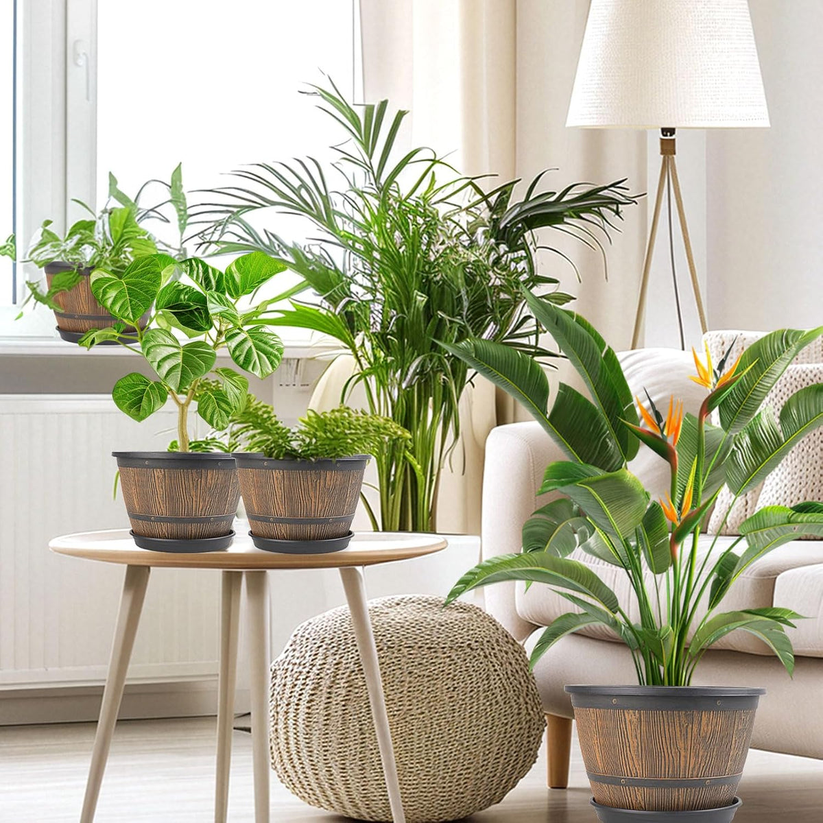 10-inch-Plant-Pots-Indoor-Outdoor, 4 Pack Whiskey Barrel Planters with Drainage Holes & Saucer