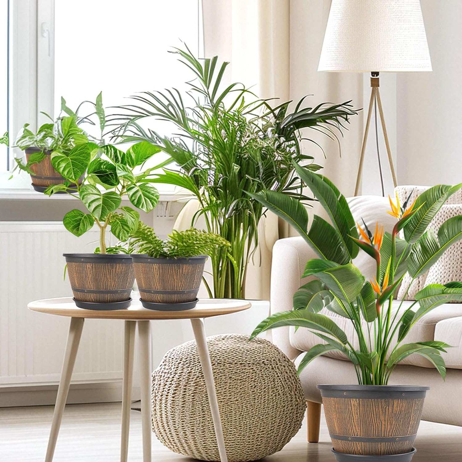 10-inch-Plant-Pots-Indoor-Outdoor, 4 Pack Whiskey Barrel Planters with Drainage Holes & Saucer
