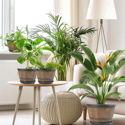 10-inch-Plant-Pots-Indoor-Outdoor, 4 Pack Whiskey Barrel Planters with Drainage Holes & Saucer