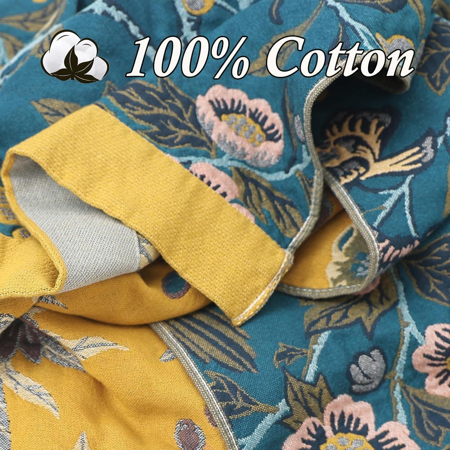 Snycler Boho Throw Blanket for Bed - 100% Cotton Ultra Soft Rustic Quilt Blanket Green Bird Floral