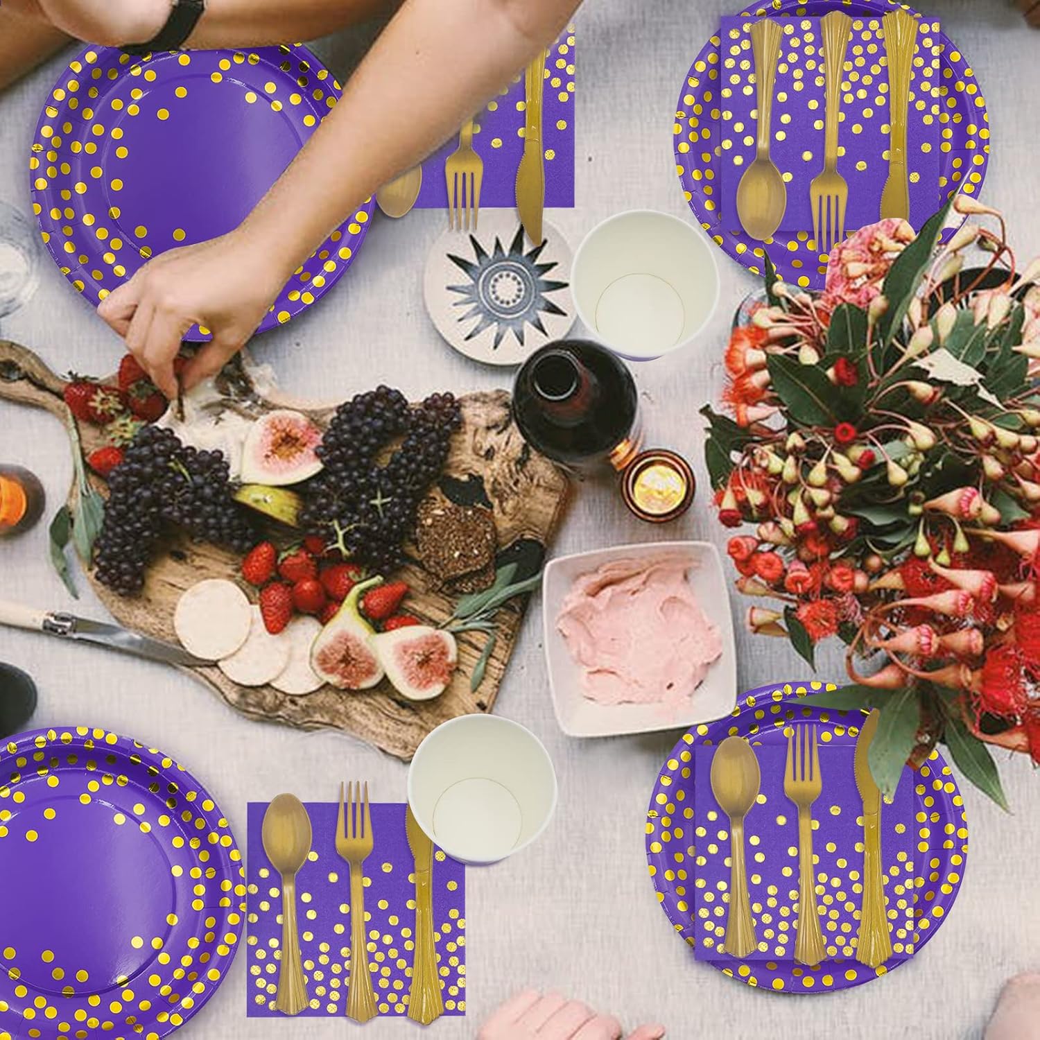 AIRE 175PCS Purple Gold Paper Plates Party Supplies for 25 Guests Party Decorations Disposable