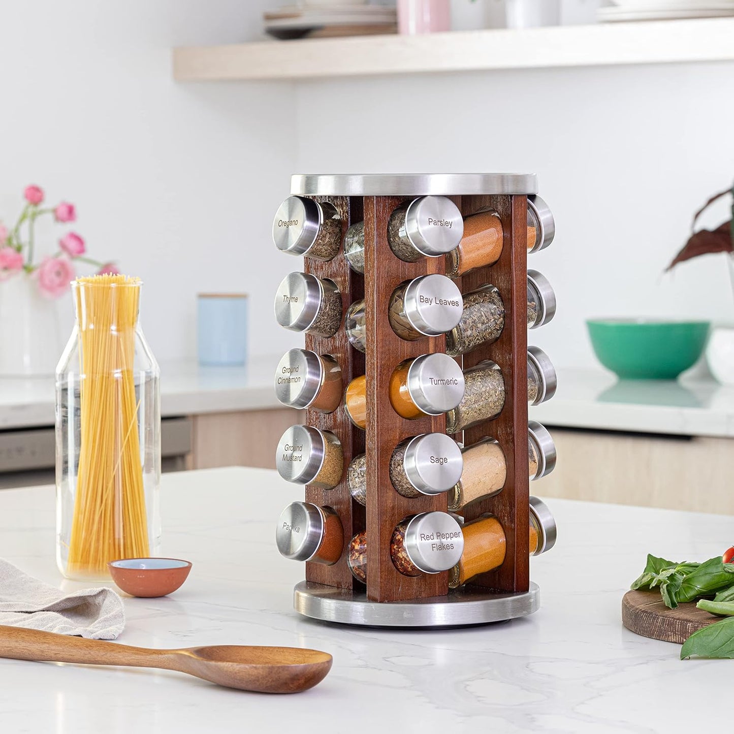 Orii 20 Jar Dark Acacia Wood Spice Rack with Spices Included - Rotating Tower Organizer for Kitchen