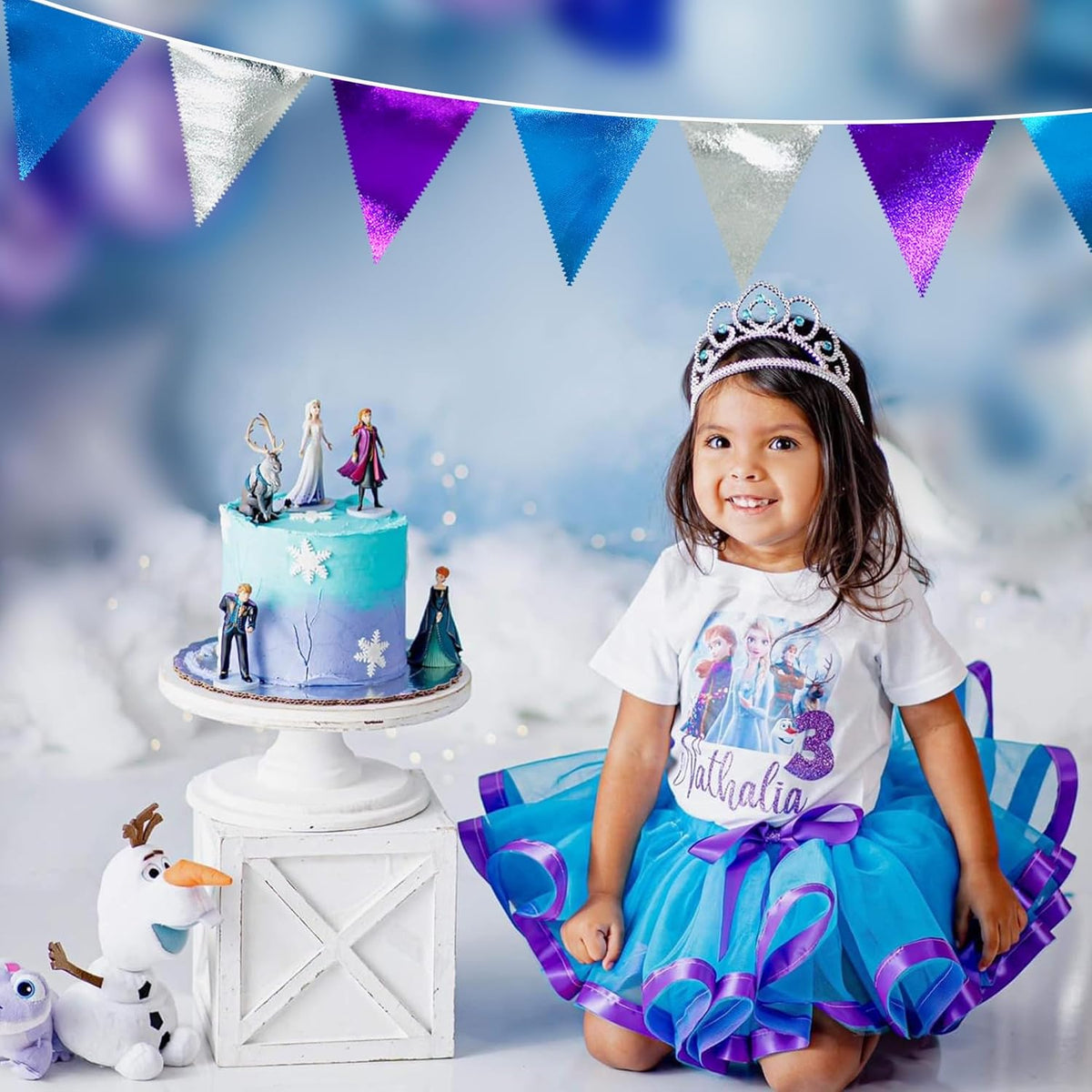 Frozen Party Decoration Purple Blue Silver Metallic Fabric Triangle Pennant Banner Flag Bunting