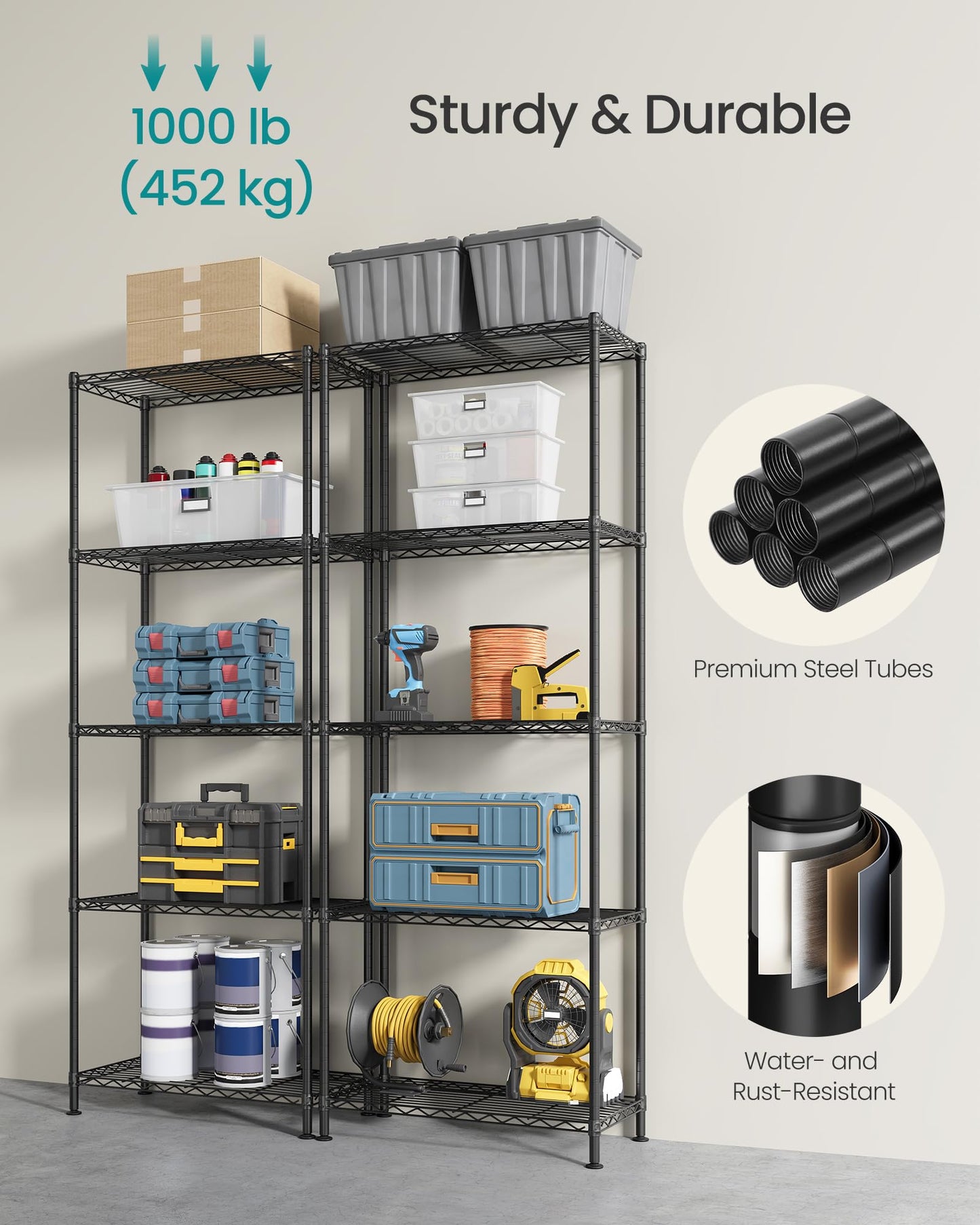 SONGMICS Storage Shelf, Metal Wire Shelving Unit, Adjustable Shelves, for Garage, Bedroom, Living