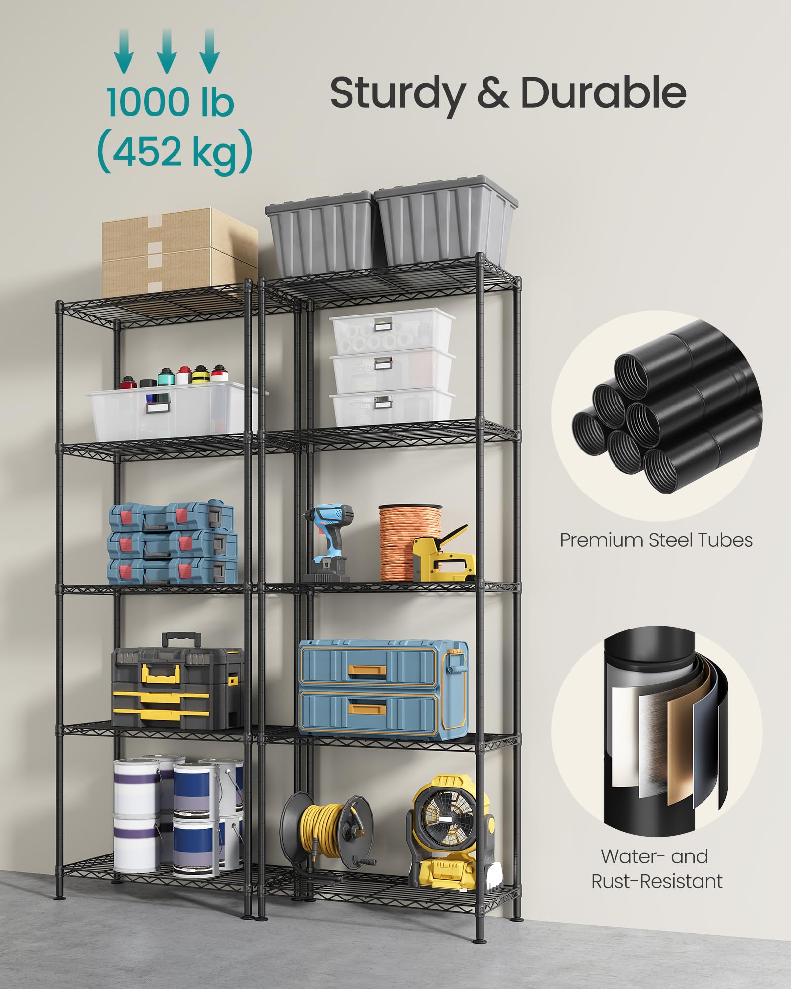 SONGMICS Storage Shelf, Metal Wire Shelving Unit, Adjustable Shelves, for Garage, Bedroom, Living