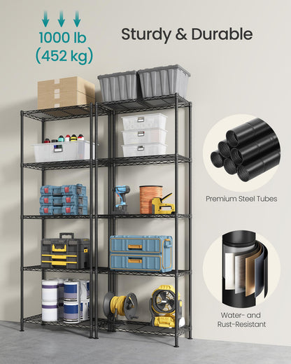 SONGMICS Storage Shelf, Metal Wire Shelving Unit, Adjustable Shelves, for Garage, Bedroom, Living