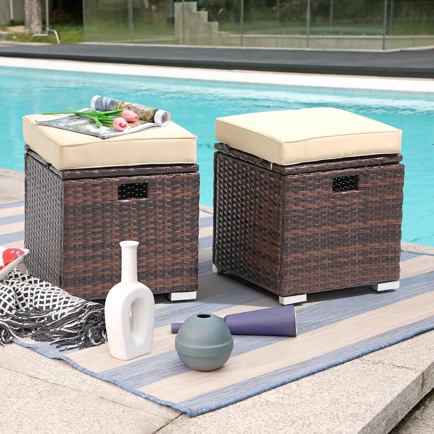 Patiorama 2 Piece Outdoor Patio Ottomans, All-Weather Brown PE Rattan Wicker Ottoman with Storage
