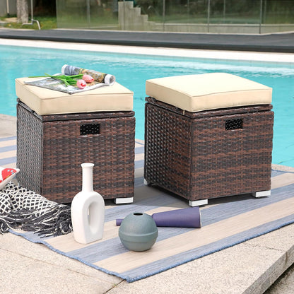 Patiorama 2 Piece Outdoor Patio Ottomans, All-Weather Brown PE Rattan Wicker Ottoman with Storage