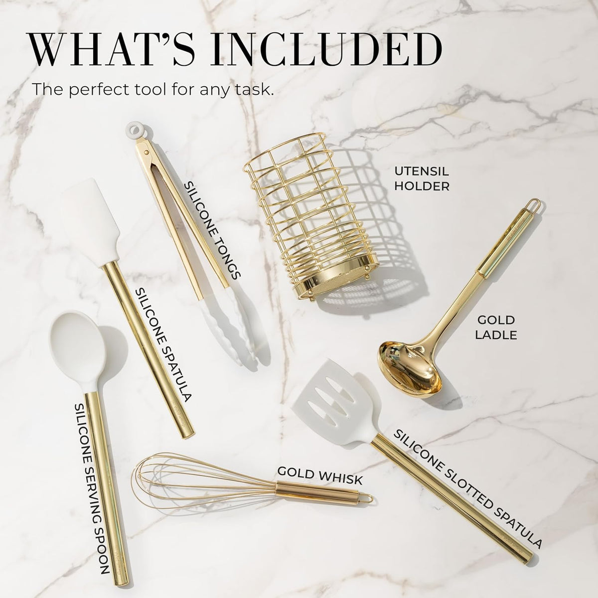 White Silicone and Gold Cooking Utensils Set with Gold Utensil Holder - 7-Piece Silicone Cooking