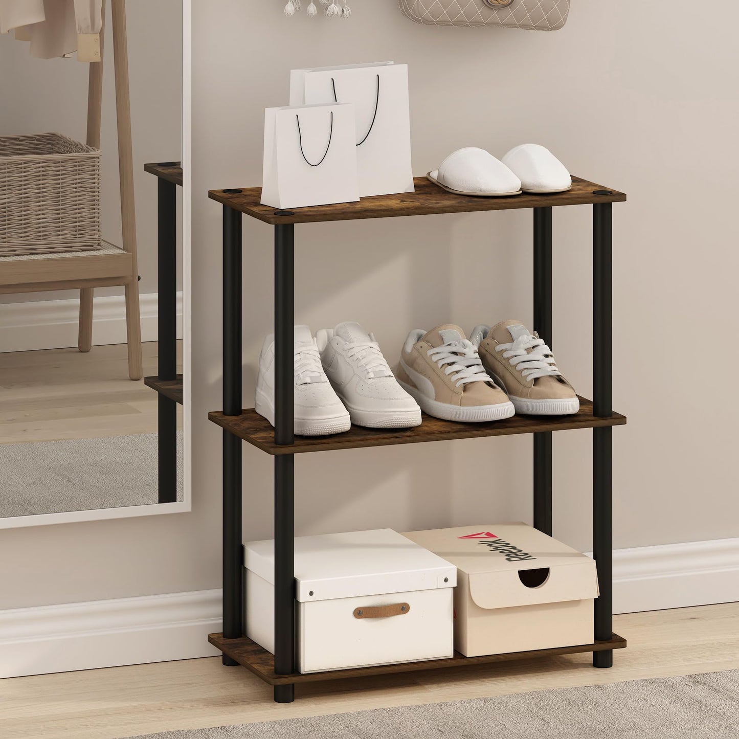 Furinno Turn-N-Tube Storage Shelves, 3-Tier Book Shelf, Corner Shelf, Toolless Open Shelves, for