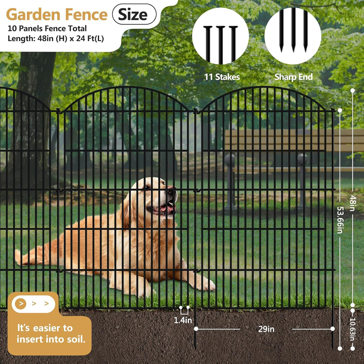 10 Panels Decorative Garden Metal Fence, 48in (H) x 24ft (L) No Dig Dog Fencing for Outdoor Yard