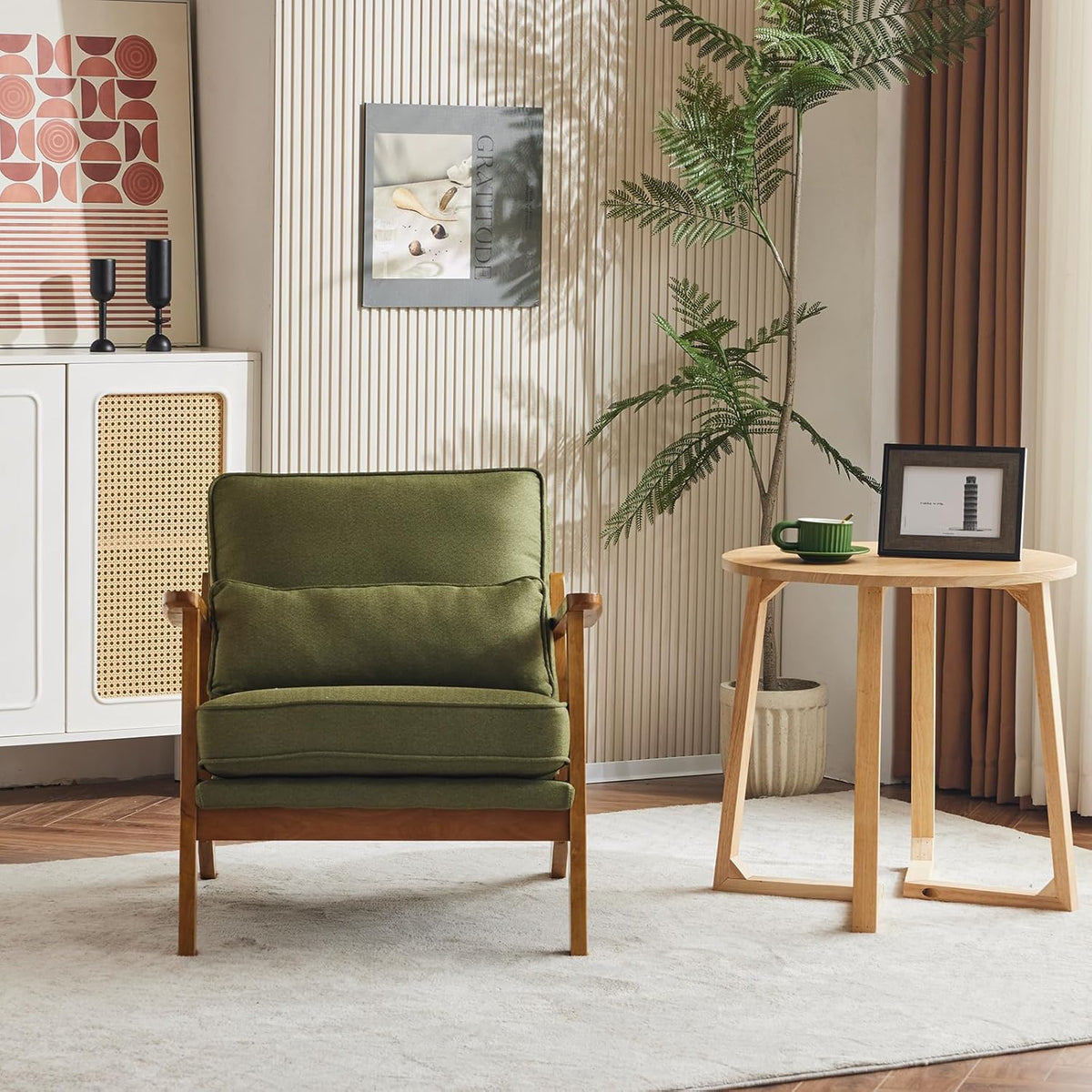 Karl home Accent Chair Wide Armrest Mid-Century Lounge Chair Linen Fabric Armchair with Lumbar