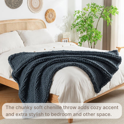 Chunky Knit Blanket Throw, 100% Hand Knit Throw Blanket Handmade Chenille Cable Knit Throw for