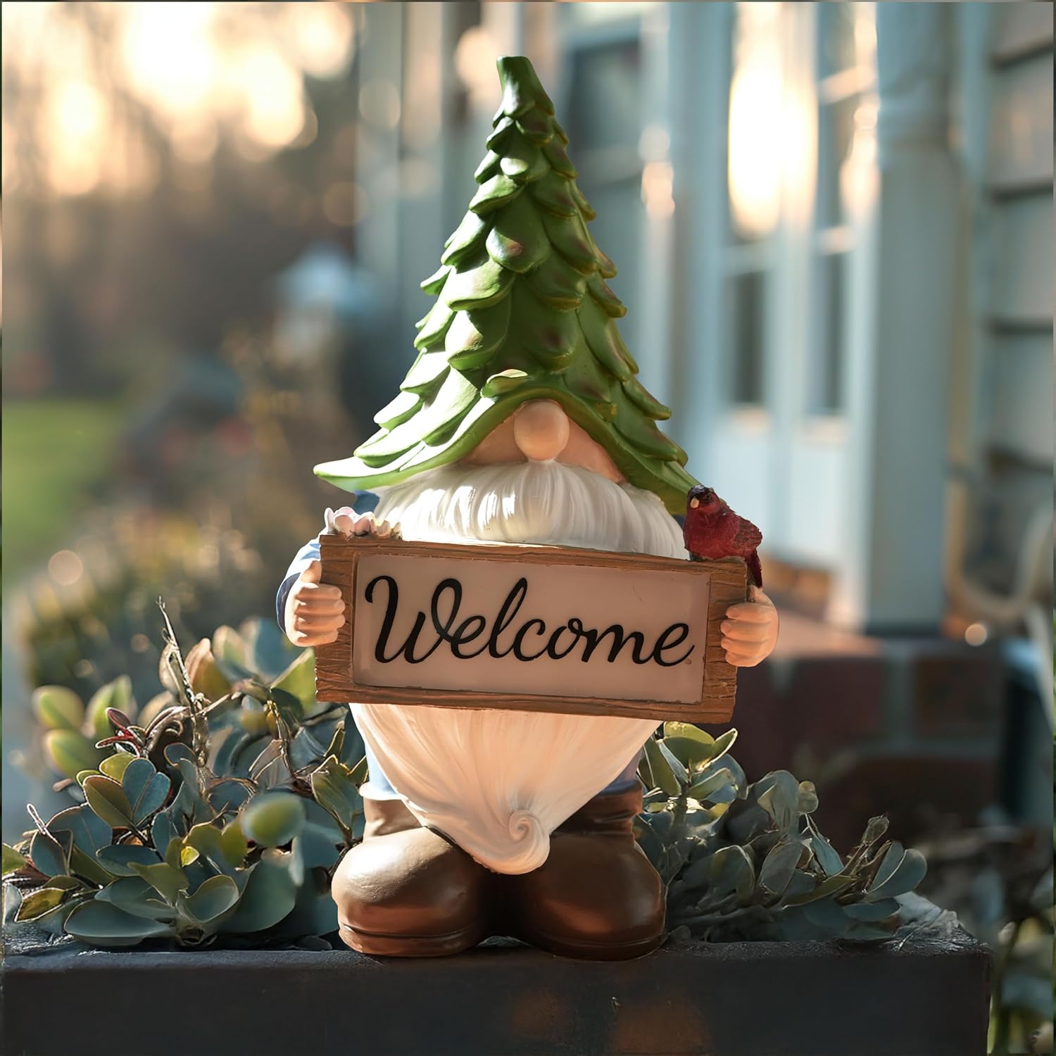 Large Garden Gnome Statue with Solar Lights, 13.5” Welcome Sign Gnome Outdoor Decor for Yard Lawn