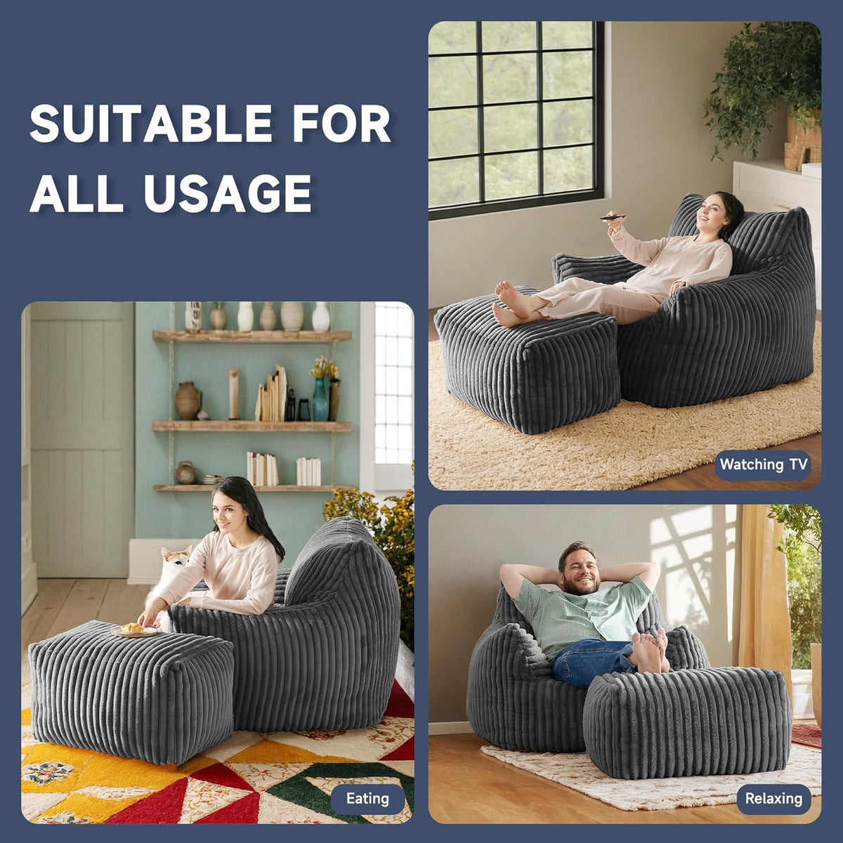 Giant Bean Bag Chairs for Adults, Oversized Chaise Lounge Chair Indoor with Memory Foam - Plush