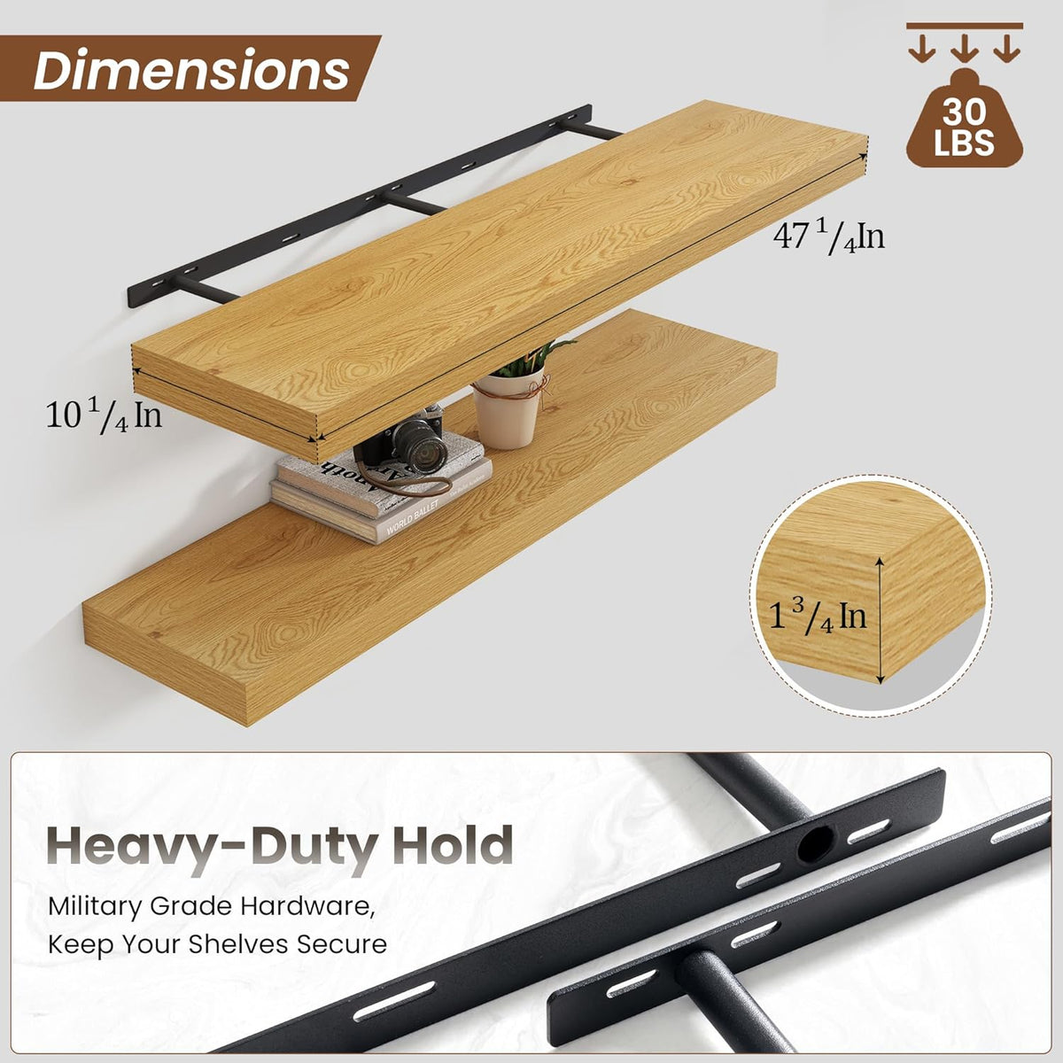 Heimlove 48" Floating Shelves for Wall,10 Deep Rustic Wood Storage Wall Shelves with Heavy Duty