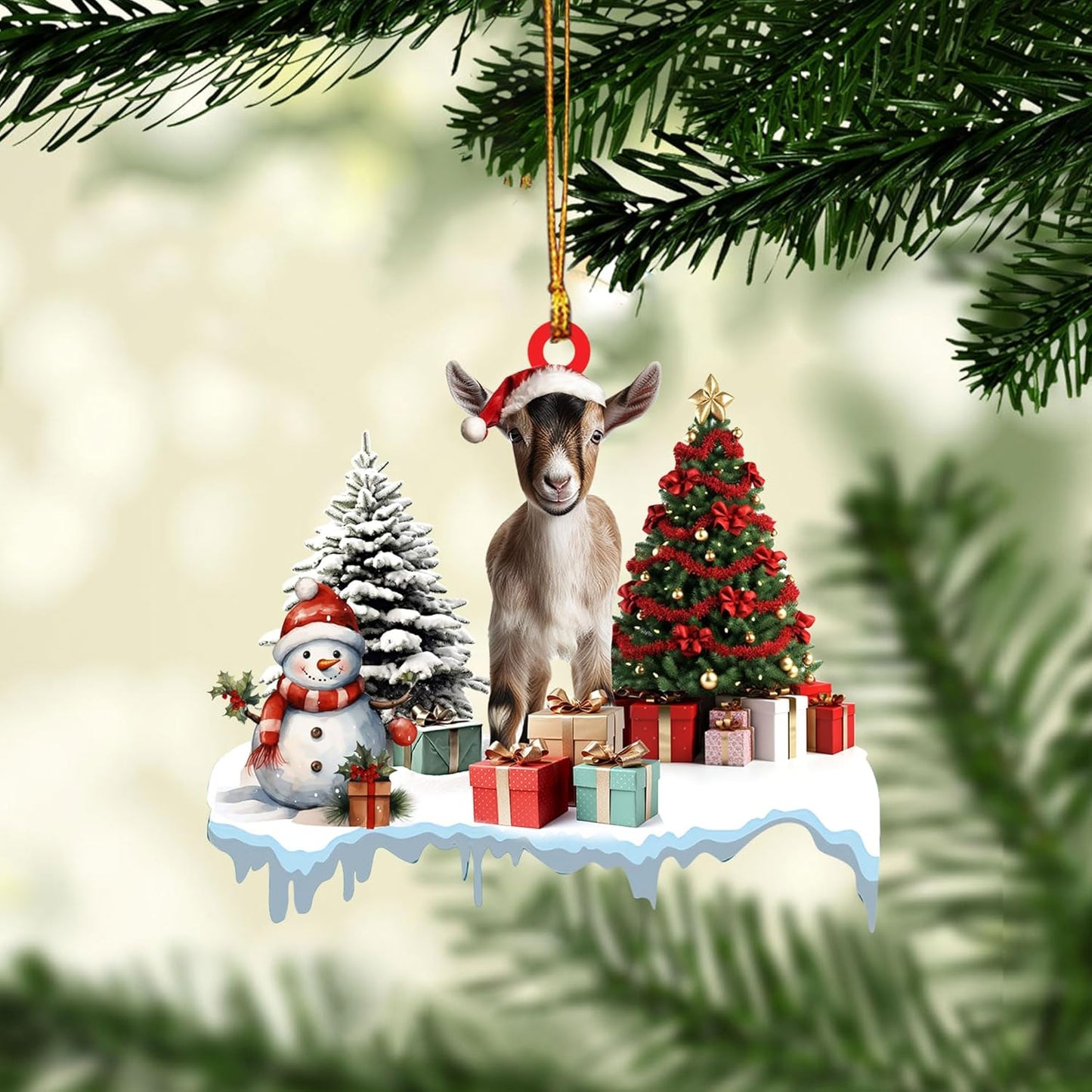 Talataca Goat 2D Flat Christmas Ornament, Goat Gift Boxes Pine Tree Decor, Hanging House Charm Eve