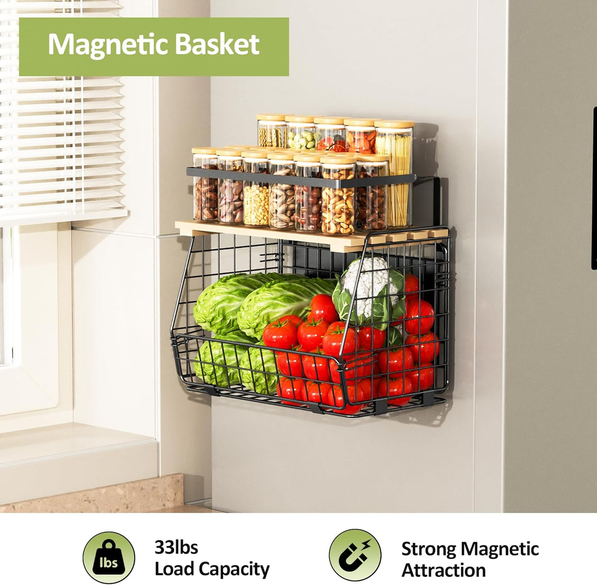 Magnetic Shelf for Fridge: Fruit Potato and Onion Storage Bin - Magnetic Spice Rack for