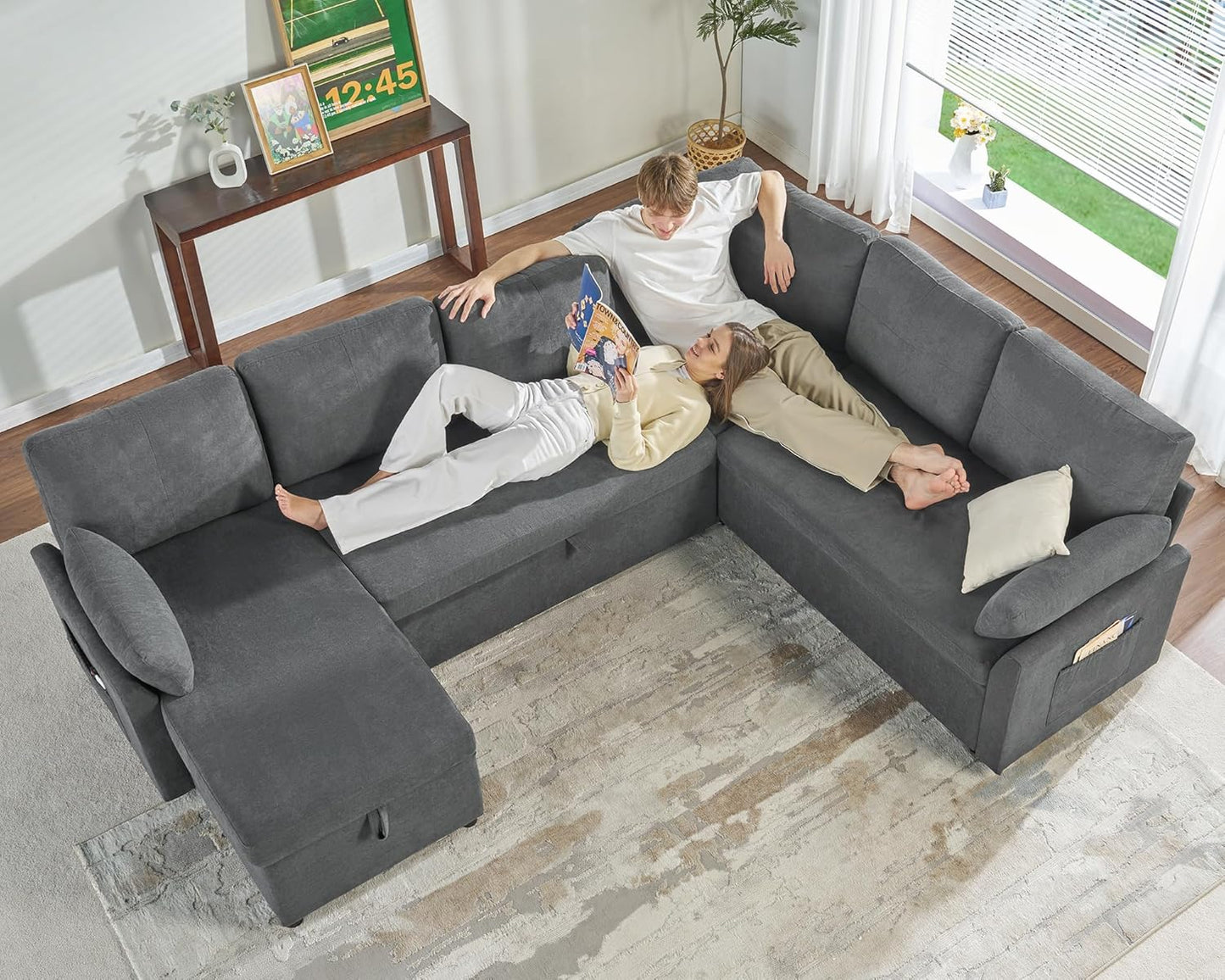 VanAcc Pull Out Sofa, 112 Inch Oversized U Shape Sleeper Sofa Couch with Storage Chaise & 3 Seater