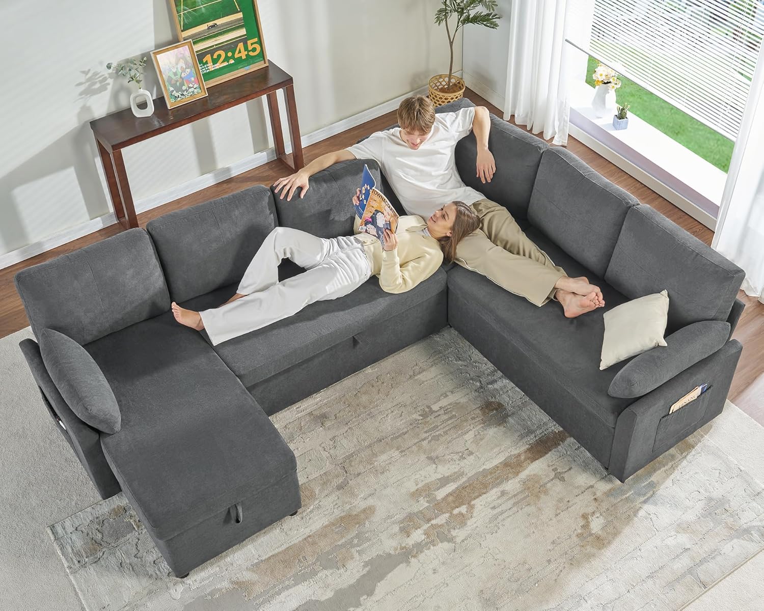 VanAcc Pull Out Sofa, 112 Inch Oversized U Shape Sleeper Sofa Couch with Storage Chaise & 3 Seater