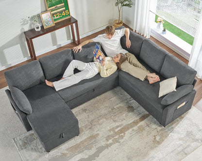 VanAcc Pull Out Sofa, 112 Inch Oversized U Shape Sleeper Sofa Couch with Storage Chaise & 3 Seater